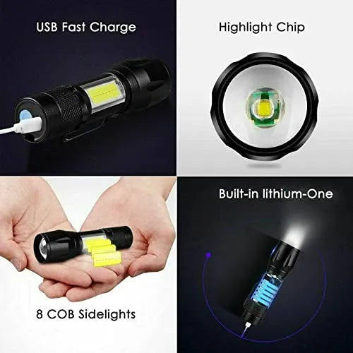 High Quality LED Aluminum Mini Small Torch USB Rechargeable Cob Led Flashlight, Zoomable Torch Light,